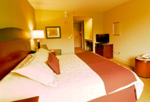 hotel room with king bed and television